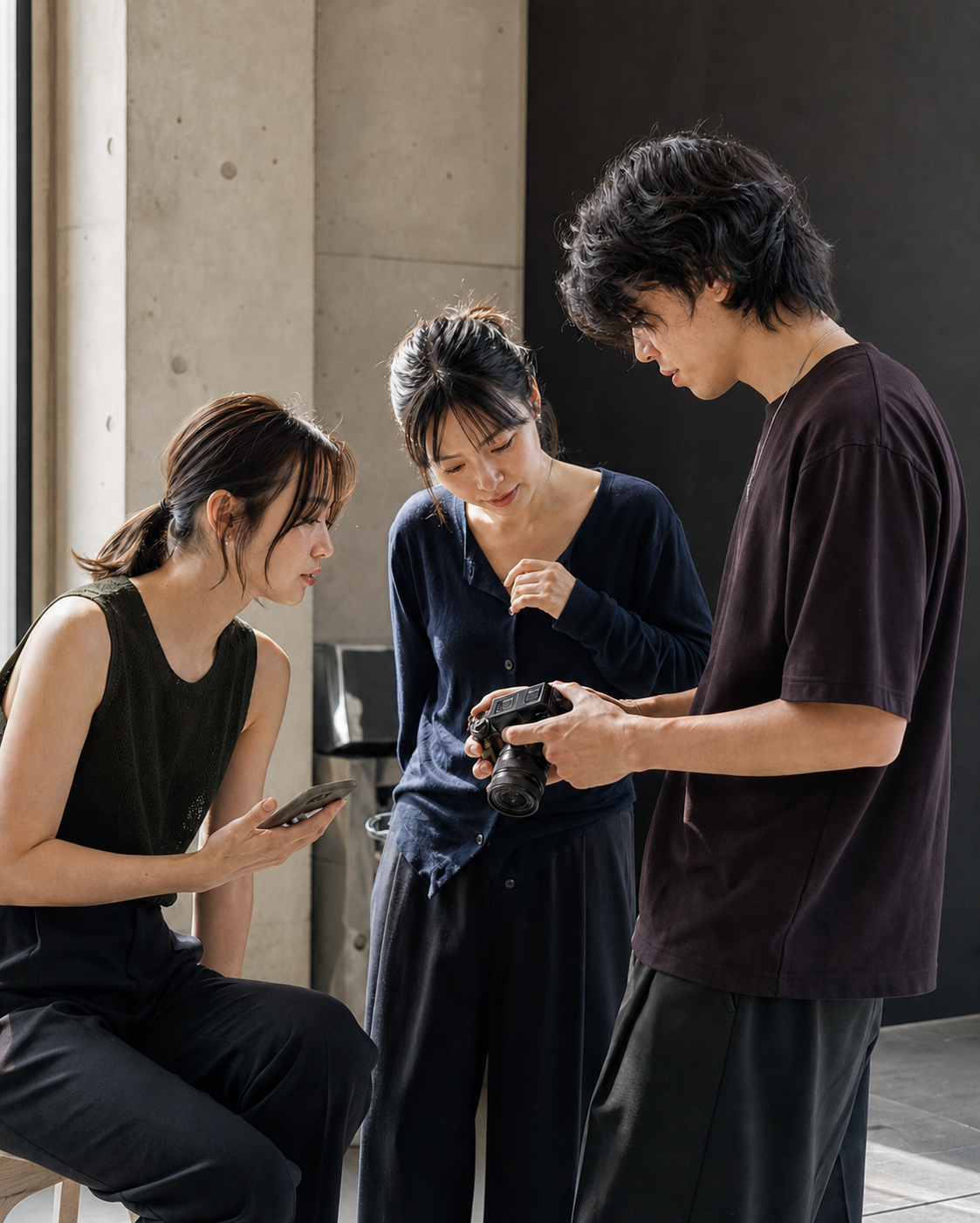 スタジオで撮影内容を確認する3名のクリエイター