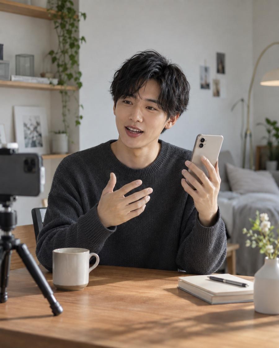 自宅でカメラに向けてスマートフォンのサービスを紹介する男性クリエイター